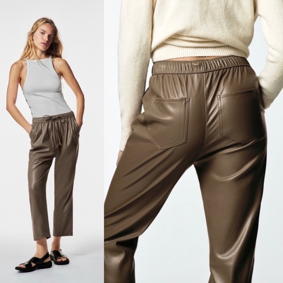 Zara Brown Faux Vegan Leather The Weekend Trouser Pants Size Medium - Picture 3 of 16